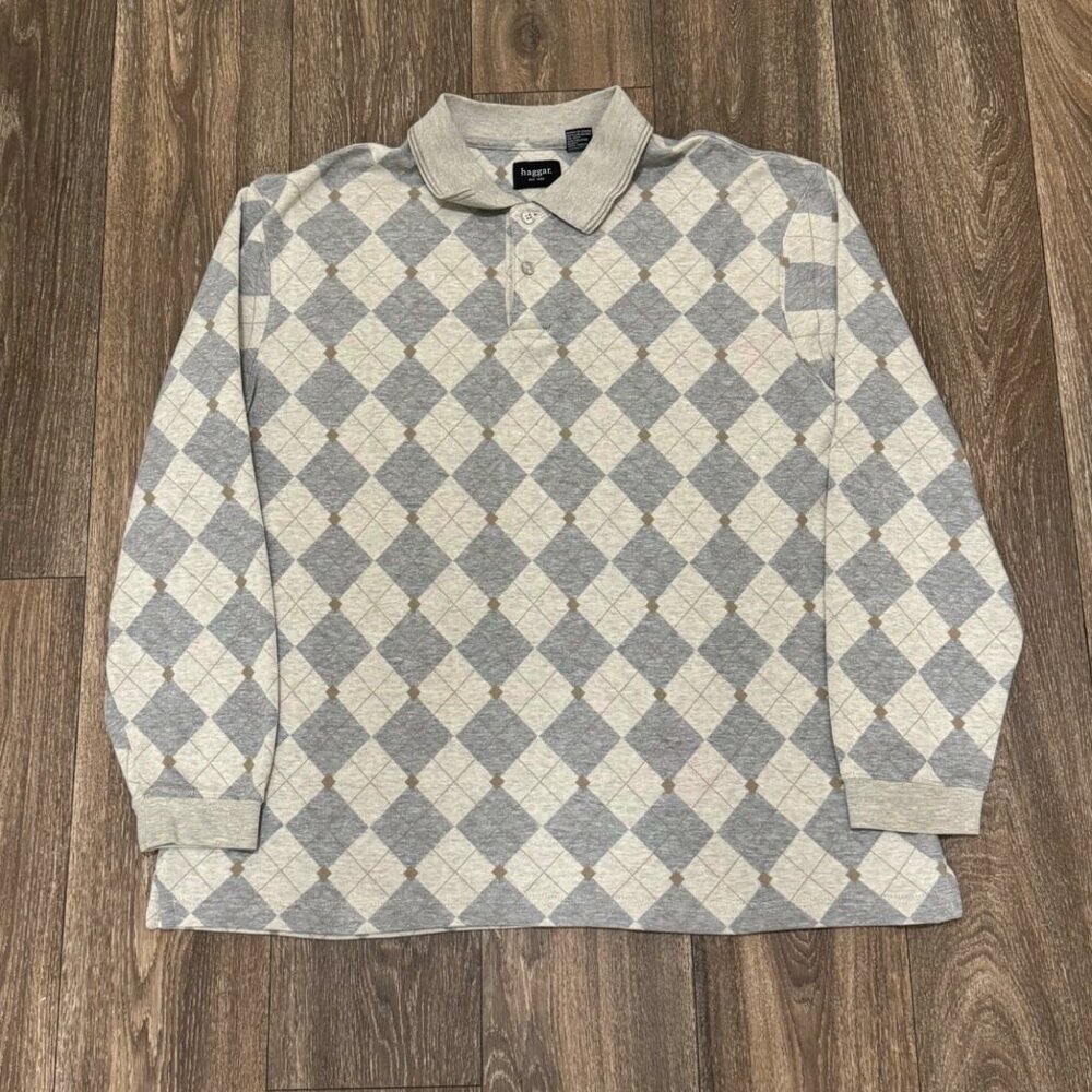 Vtg Haggar Long Sleeve Polo Shirt Men's XL Gray Grandpa Argyle Diamond AOP 90s